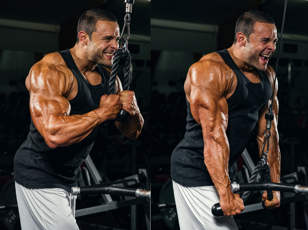 Body Builder Exercise Triceps at the Gym Performing Triceps Rope Pushdowns star and finish of the exercise movement