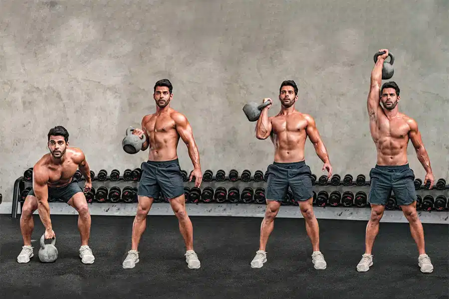 a man is doing Kettlebell Clean and Press with different styles