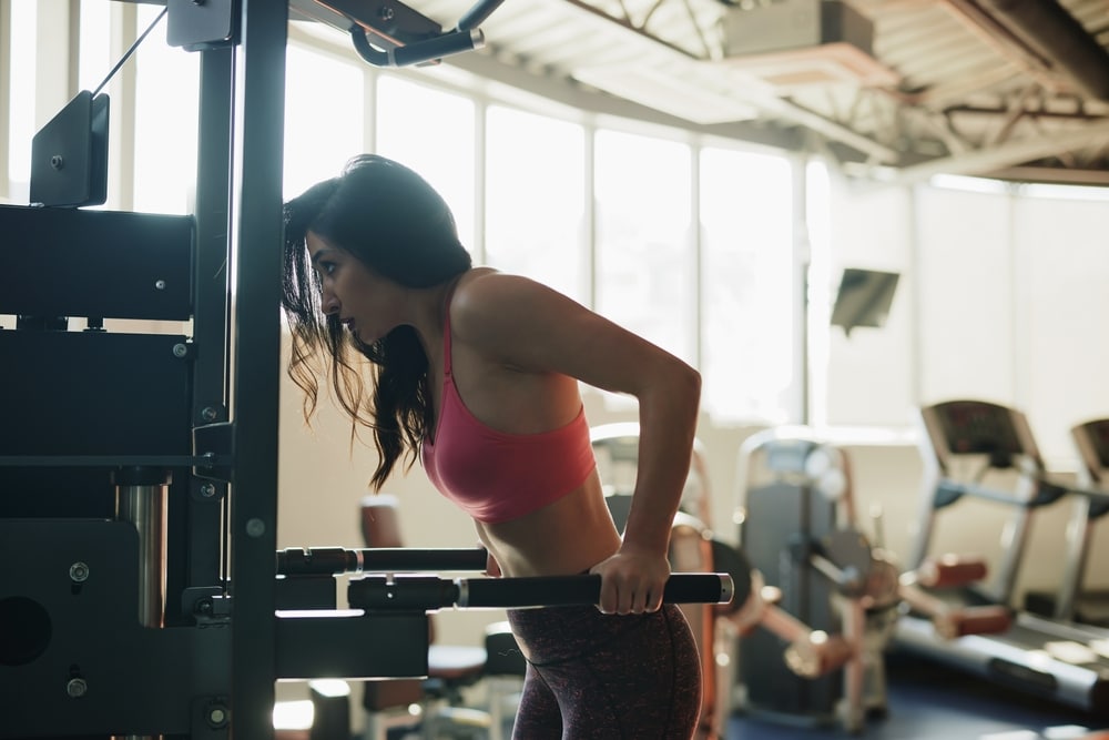 Fit Sportswoman Doing Chest Dips Workout Using Exercise Equipment In